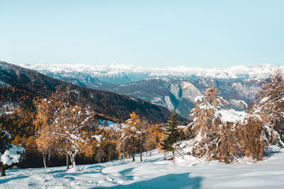 Scenic view of snow covered mountains against sky