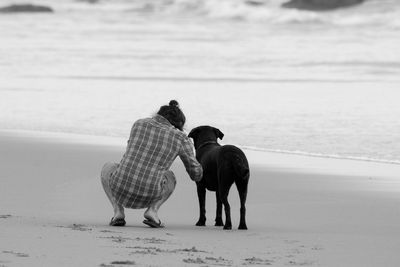 Rear view of man with dog at beach