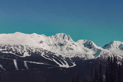 Scenic view of snowcapped mountains against clear blue sky