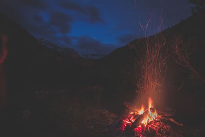 Close-up of bonfire in forest against sky at night