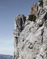 Low angle view of rocky mountains against clear sky