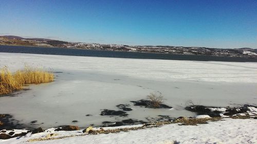 Scenic view of snow covered landscape against sky