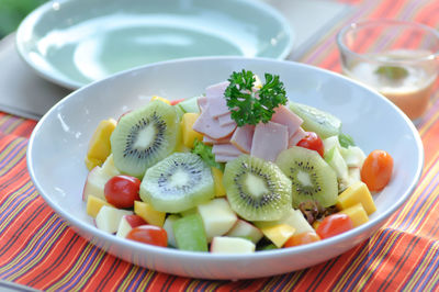 High angle view of fruits in bowl on table