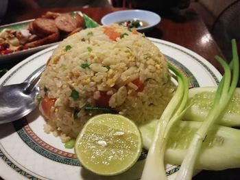 Close-up of meal served on table