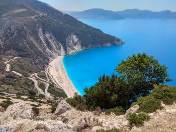 High angle view of myrtos beach against clear blue sky