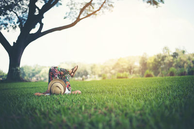 Surface level view of woman lying at park