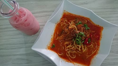 High angle view of food in plate on table