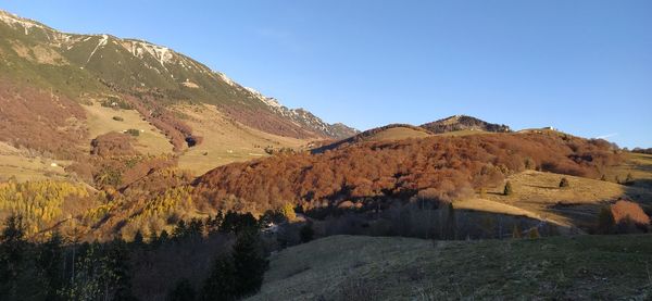 Scenic view of mountains against clear blue sky