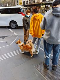 Rear view of people with dog on car