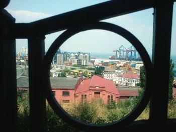 Cityscape seen through window