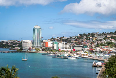 Scenic view of sea and buildings against sky