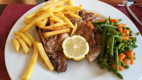 High angle view of meal served on table