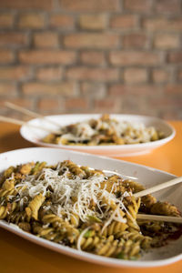 Close-up of noodles in bowl on table