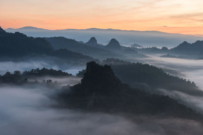 Scenic view of silhouette mountains against sky during sunset