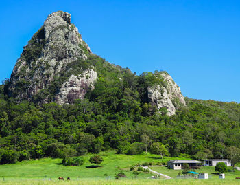 Scenic view of mountains against clear blue sky