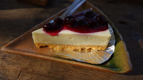 Close-up of cake served on table
