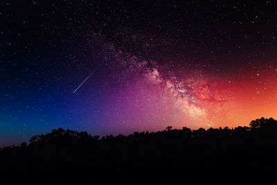 Low angle view of silhouette trees against sky at night