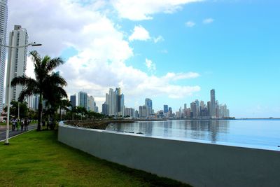 View of city against cloudy sky