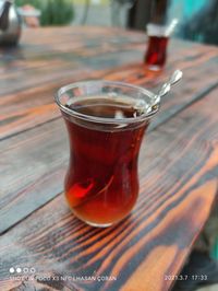 Close-up of tea in glass on table