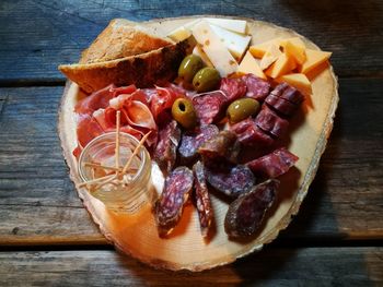 High angle view of food on wooden table