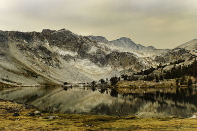 Scenic view of lake by mountains against sky