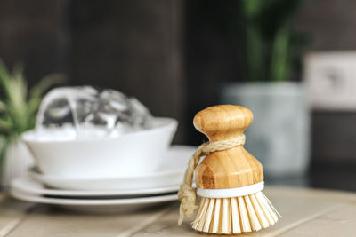 Ecological natural dish brush lies on the sink