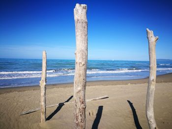 Wooden posts on beach against sky