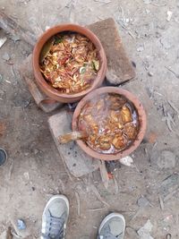 High angle view of food on barbecue grill