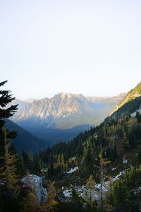 Scenic view of snowcapped mountains against clear sky