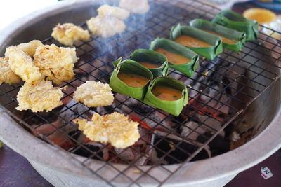 High angle view of serving meat in plate