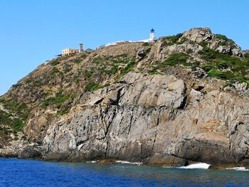 Scenic view of sea by mountain against clear sky