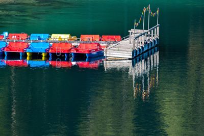 High angle view of ship moored in sea