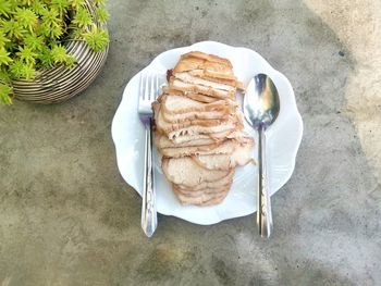 High angle view of breakfast in plate on table