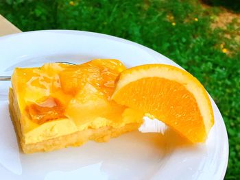 High angle view of cake slice in plate