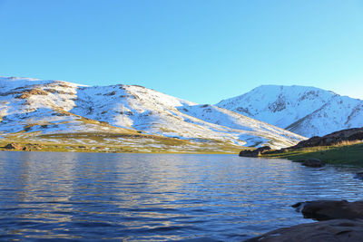 Scenic view of snowcapped mountains against clear blue sky