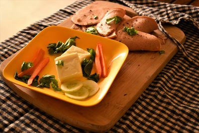 High angle view of breakfast served on table