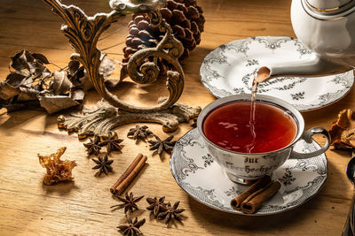 High angle view of tea cup on table