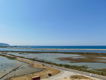 Scenic view of beach against clear blue sky