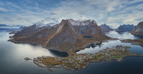 Panoramic view of the mountains and islands around lofoten