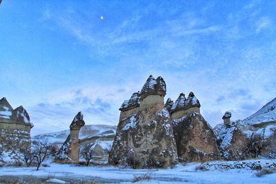 Built structure on snow covered land against sky