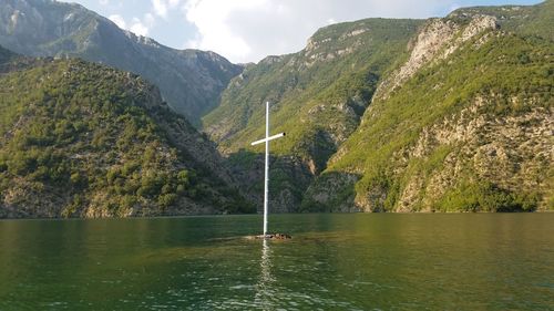 Scenic view of lake by mountains against sky