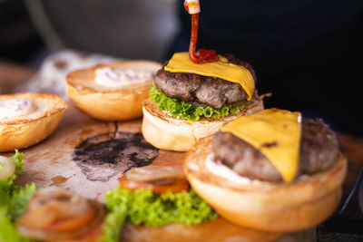 Close-up of burger on table