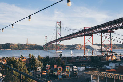 Suspension bridge over river with city in background