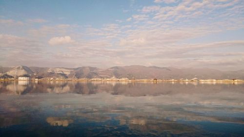 Scenic view of lake and mountains against sky