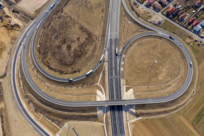 Aerial top view of highway intersection, drone shot