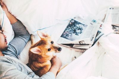 High angle view of man by dog sleeping on bed at home