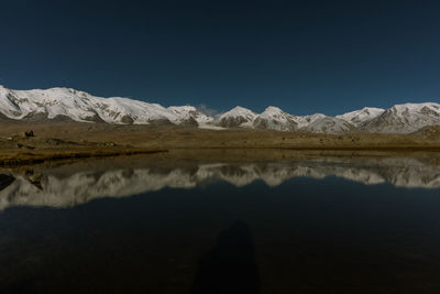 Scenic view of lake and mountains against clear sky