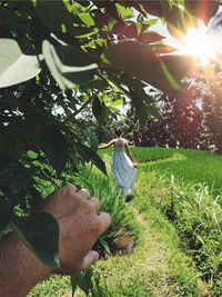 Rear view of woman walking on grassy field with stalker in foreground