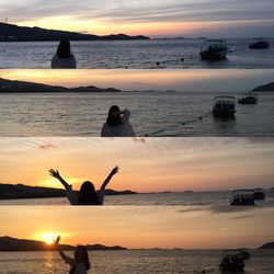 Silhouette of people fishing at sunset