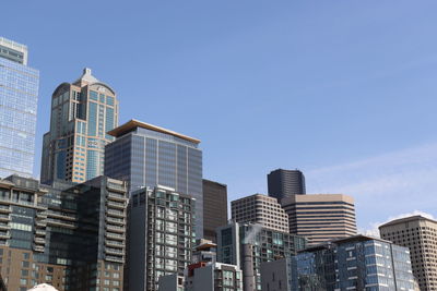 Low angle view of buildings against clear sky